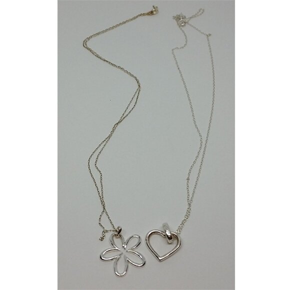 BUNDLE lot 2 sterling silver chain 925 dainty  flower & heart pendants necklaces - Picture 1 of 4